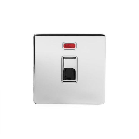 Screwless Polished Chrome - White Trim - Slim Plate Screwless Polished Chrome 20A 1 Gang Double Pole Switch With Neon