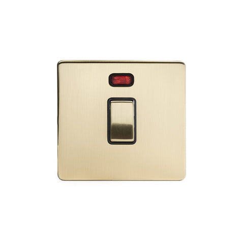 Screwless Brushed Brass - Black Trim - Slim Plate Screwless Brushed Brass 1 Gang 20 Amp Switch With Neon  - Black