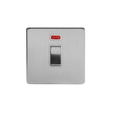 Screwless Brushed Chrome - White Trim - Slim Plate Screwless Brushed Chrome 20A 1 Gang Double Pole Switch With Neon