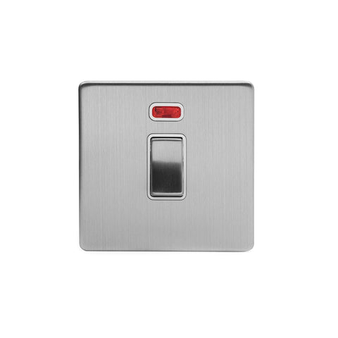 Screwless Brushed Chrome - White Trim - Slim Plate Screwless Brushed Chrome 20A 1 Gang Double Pole Switch With Neon