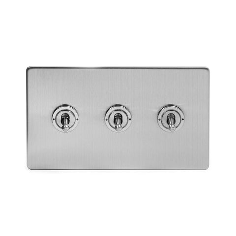 Screwless Brushed Chrome - Black Trim - Slim Plate Screwless Brushed Chrome 3 Gang 2 Way Toggle Light Switch - Black