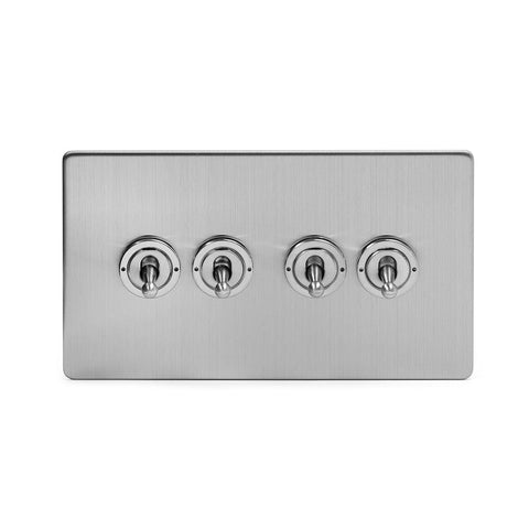 Screwless Brushed Chrome - Black Trim - Slim Plate Screwless Brushed Chrome 4 Gang 2 Way Toggle Light Switch - Black