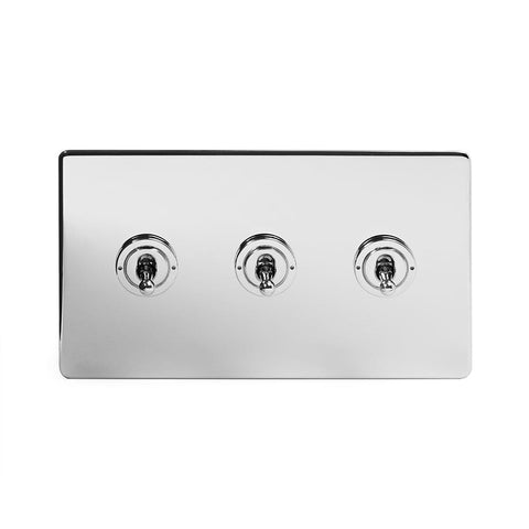 Screwless Polished Chrome - Black Trim - Slim Plate Screwless Polished Chrome 3 Gang 2 Way Toggle Light Switch - Black