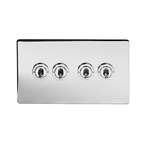 Screwless Polished Chrome - Black Trim - Slim Plate Screwless Polished Chrome 4 Gang 2 Way Toggle Light Switch - Black