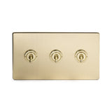 Screwless Brushed Brass - White Trim - Slim Plate Screwless Brushed Brass 3 Gang 2 Way Toggle Light Switch - White