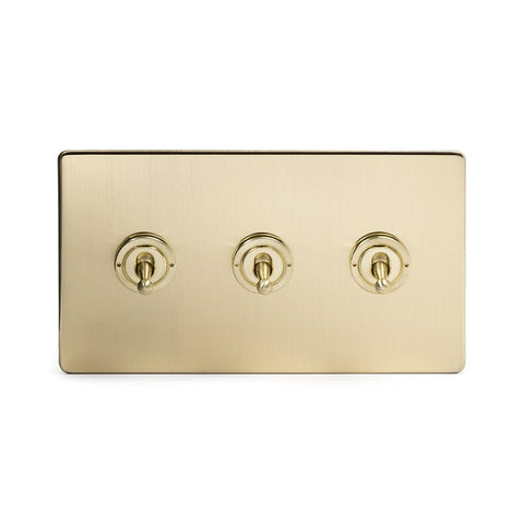Screwless Brushed Brass 3 Gang 2 Way Toggle Light Switch - White - SE Home