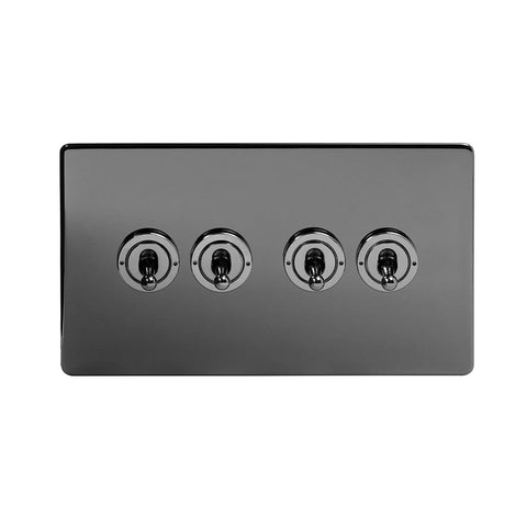 Screwless Black Nickel - Black Trim - Slim Plate Screwless Black Nickel 4 Gang 2 Way Toggle Light Switch - Black