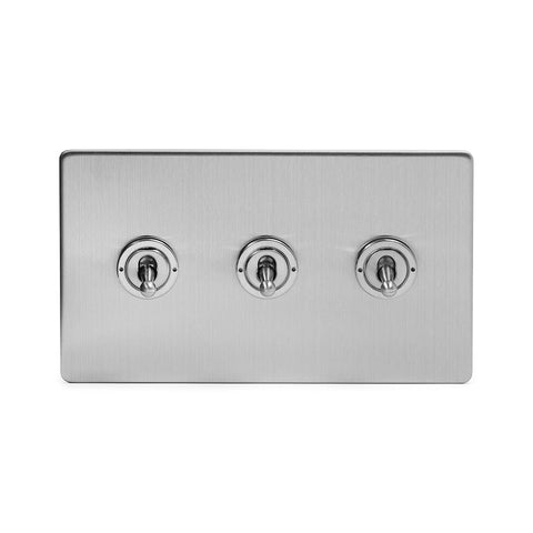 Screwless Brushed Chrome - White Trim - Slim Plate Screwless Brushed Chrome 3 Gang Intermediate Toggle Light Switch - White