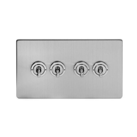 Screwless Brushed Chrome - White Trim - Slim Plate Screwless Brushed Chrome 4 Gang 20 Amp Intermediate Toggle Light Switch - White