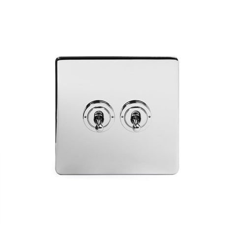 Screwless Polished Chrome - White Trim - Slim Plate Screwless Polished Chrome 2 Gang Intermediate Toggle Light Switch - White