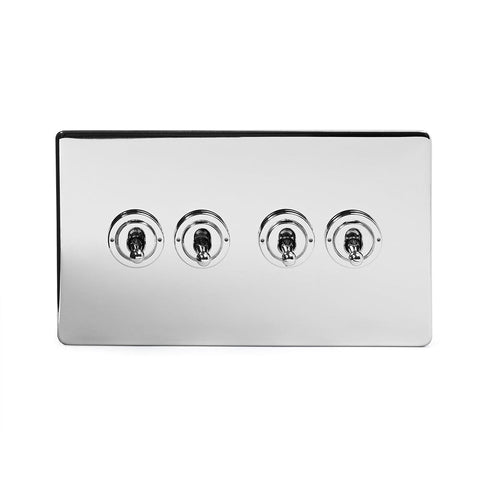 Screwless Polished Chrome - White Trim - Slim Plate Screwless Polished Chrome 4 Gang Intermediate Toggle Light Switch - White