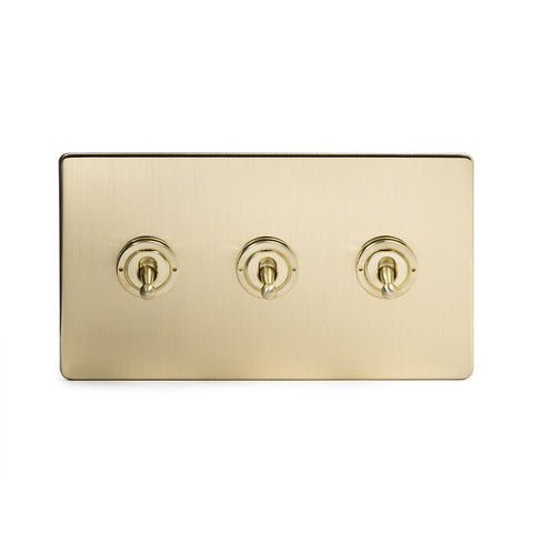 Screwless Brushed Brass - White Trim - Slim Plate Screwless Brushed Brass 3 Gang Intermediate Toggle Light Switch - White