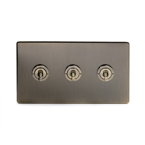Screwless Antique Brass 3 Gang Intermediate Toggle Light Switch - SE Home