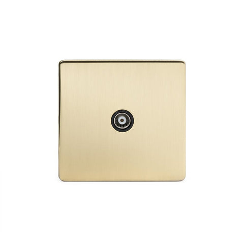 Screwless Brushed Brass - Black Trim - Slim Plate Screwless Brushed Brass 1 Gang Co Axial TV and Satelite Socket