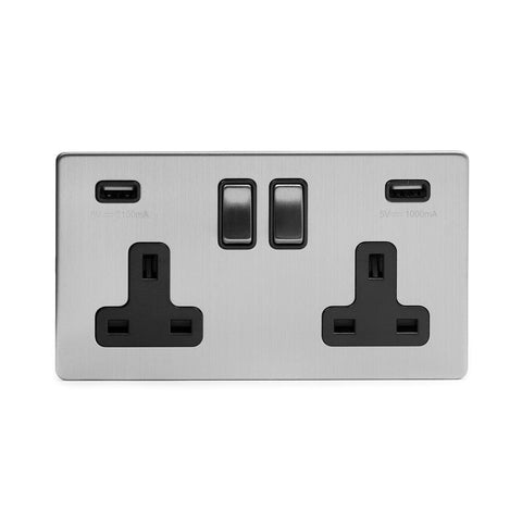 Screwless Brushed Chrome - Black Trim - Slim Plate Screwless Brushed Chrome 2 Gang Double 3.1 Amp  USB Plug Socket