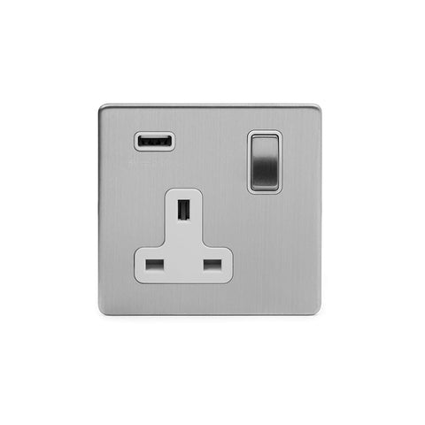 Screwless Brushed Chrome - White Trim - Slim Plate Screwless Brushed Chrome 1 Gang Single USB Plug Socket