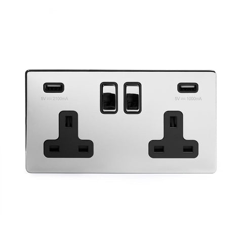 Screwless Polished Chrome - Black Trim - Slim Plate Screwless Polished Chrome 2 Gang Double 3.1 Amp USB Socket