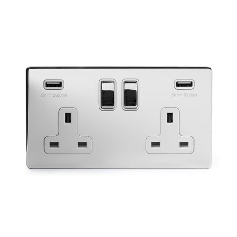 Screwless Polished Chrome - White Trim - Slim Plate Screwless Polished Chrome 2 Gang Double 3.1 Amp USB Plug Socket