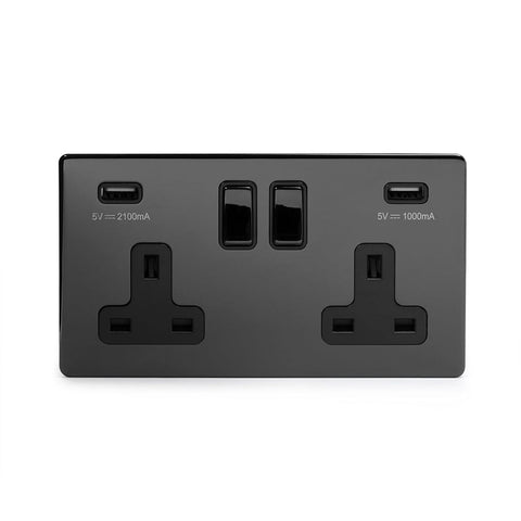 Screwless Black Nickel - Black Trim - Slim Plate Screwless Black Nickel 2 Gang 3.1 Amp USB Plug Socket