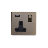 Screwless Antique Brass - Black Trim - Slim Plate Screwless Antique Brass Single Pole 1 Gang USB Plug Socket