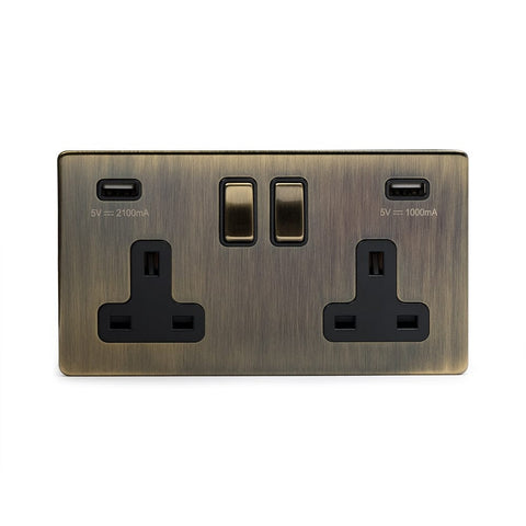 Screwless Antique Brass - Black Trim - Slim Plate Screwless Antique Brass 2 Gang 3.1 Amp USB Plug Socket