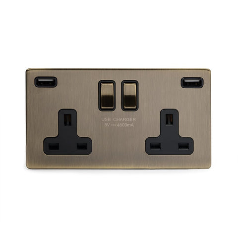 Screwless Antique Brass - Black Trim - Slim Plate Screwless Antique Brass 13A 2 Gang DP Fast Charge 4.8amp USB Plug Socket