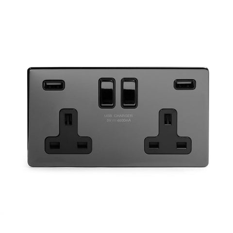 Screwless Black Nickel - Black Trim - Slim Plate Screwless Black Nickel 13A 2 Gang DP Fast Charge 4.8amp USB Plug Socket