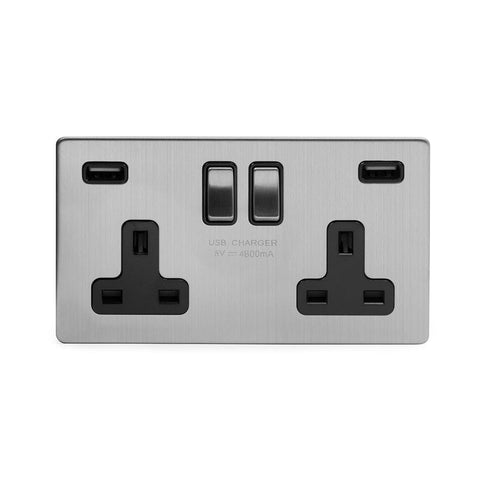 Screwless Brushed Chrome - Black Trim - Slim Plate Screwless Brushed Chrome 13A 2 Gang DP Fast Charge 4.8amp USB Plug Socket