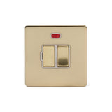 Screwless Brushed Brass - White Trim - Slim Plate Screwless Brushed Brass 13A Switched Fuse Connection Unit With Neon