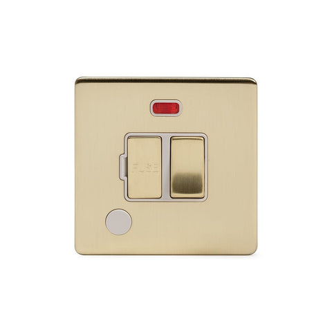 Screwless Brushed Brass - White Trim - Slim Plate Screwless Brushed Brass 13A Switched Fuse Connection Unit Flex Outlet With Neon