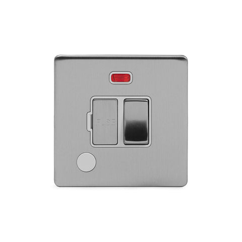 Screwless Brushed Chrome - White Trim - Slim Plate Screwless Brushed Chrome 13A Switched Fuse Connection Unit Flex Outlet With Neon