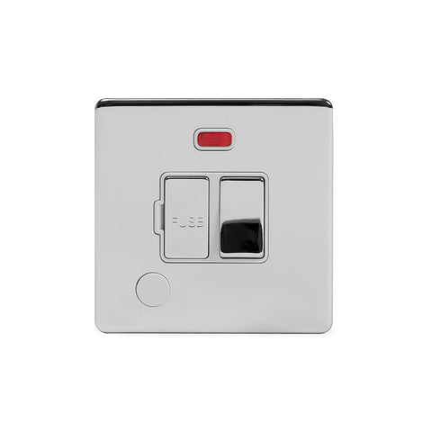 Screwless Polished Chrome - White Trim - Slim Plate Screwless Polished Chrome 13A Switched Fuse Connection Unit Flex Outlet With Neon