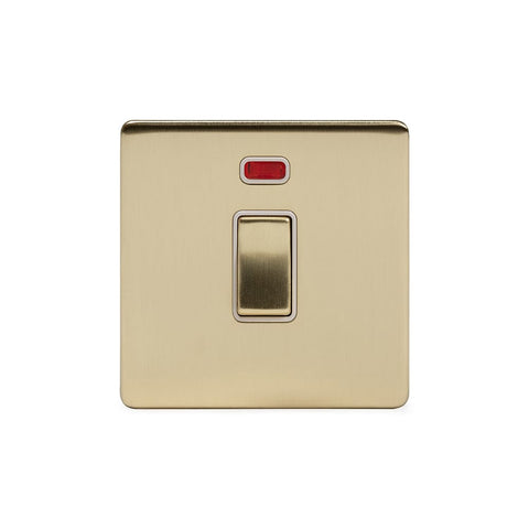 Screwless Brushed Brass - White Trim - Slim Plate Screwless Brushed Brass 20A 1 Gang Double Pole Switch With Neon