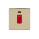 Screwless Brushed Brass - White Trim - Slim Plate Screwless Brushed Brass 45A 1 Gang Double Pole Switch With Neon - Single Plate