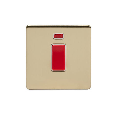 Screwless Brushed Brass - White Trim - Slim Plate Screwless Brushed Brass 45A 1 Gang Double Pole Switch With Neon - Single Plate