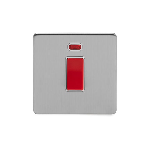 Screwless Brushed Chrome - White Trim - Slim Plate Screwless Brushed Chrome 45A 1 Gang Double Pole Switch With Neon- Single Plate