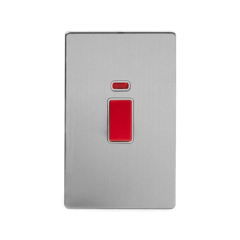Screwless Brushed Chrome 45A 1 Gang Double Pole Switch With Neon- Large Plate - SE Home