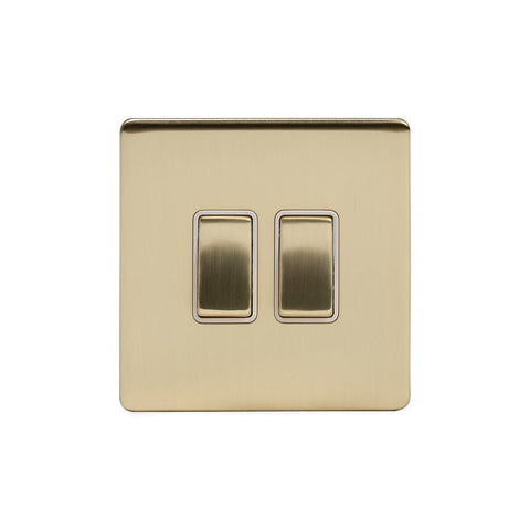 Screwless Brushed Brass - White Trim - Slim Plate Screwless Brushed Brass 10A 2 Gang 2 Way Light Switch