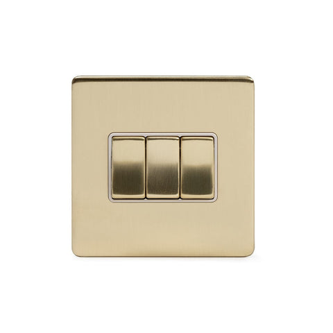 Screwless Brushed Brass - White Trim - Slim Plate Screwless Brushed Brass 10A 3 Gang 2 Way Light Switch