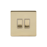 Screwless Brushed Brass - White Trim - Slim Plate Screwless Brushed Brass 2 Gang Intermediate Light Switch