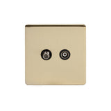 Screwless Brushed Brass - Black Trim - Slim Plate Screwless Brushed Brass 1 Gang TV + Satellite Socket  - Black