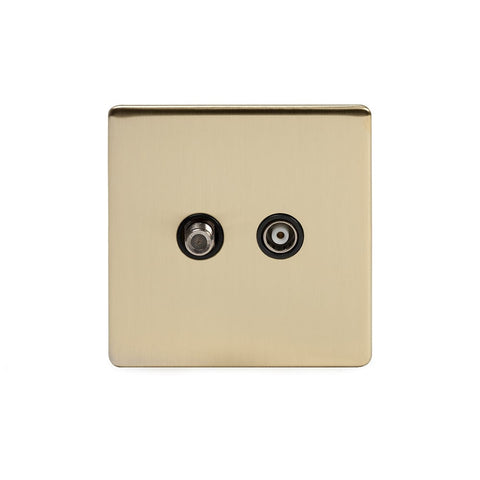 Screwless Brushed Brass - Black Trim - Slim Plate Screwless Brushed Brass 1 Gang TV + Satellite Socket  - Black