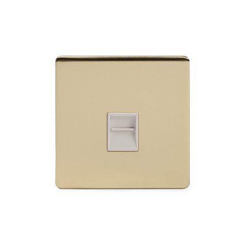 Screwless Brushed Brass - White Trim - Slim Plate Screwless Brushed Brass 1 Gang Telephone Secondary Socket BT