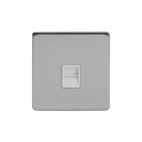 Screwless Brushed Chrome - White Trim - Slim Plate Screwless Brushed Chrome 1 Gang Telephone Secondary Socket-BT