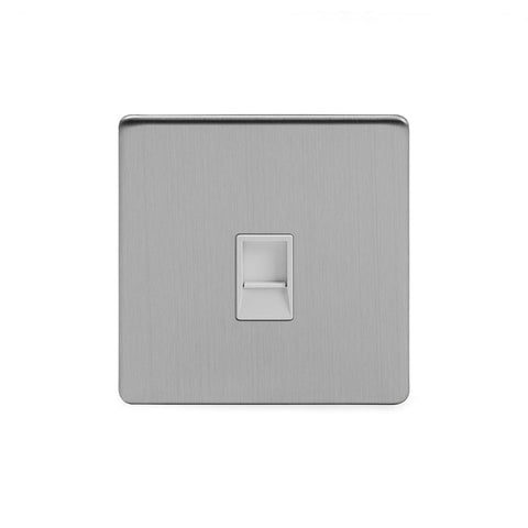 Screwless Brushed Chrome - White Trim - Slim Plate Screwless Brushed Chrome 1 Gang Data Socket RJ45 Cat5/Cat6