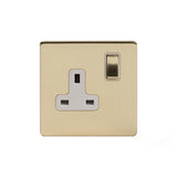 Screwless Brushed Brass - White Trim - Slim Plate Screwless Brushed Brass 13A 1 Gang Switched Socket - Double Pole