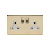 Screwless Brushed Brass - White Trim - Slim Plate Screwless Brushed Brass 13A 2 Gang Switched Socket - Double Pole