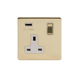 Screwless Brushed Brass - White Trim - Slim Plate Screwless Brushed Brass 13A 1 Gang DP USB Switched Socket (USB Output 2.1amp)