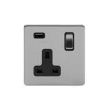 Screwless Brushed Chrome - Black Trim - Slim Plate Screwless Brushed Chrome 13A 1 Gang DP USB Switched Socket (USB Output 2.1amp)