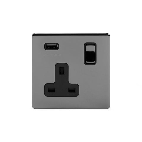 Screwless Black Nickel - Black Trim - Slim Plate Screwless Black Nickel 13A 1 Gang DP USB Switched Plug Socket Output 2.1amp